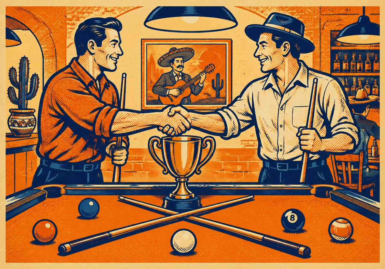 Ilustración de dos amigos dándose la mano sobre la mesa de billar